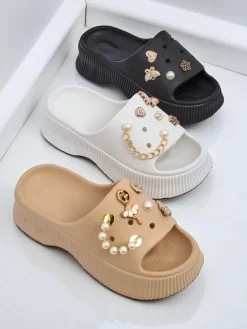 Best Damskie gumowe klapki z ozdobami Slash Glam Klapki Płaskie