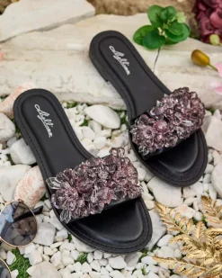 Clearance Damskie klapki z kryształkami Loberra Klapki Płaskie