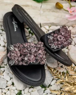 Clearance Damskie klapki z kryształkami Loberra Klapki Płaskie