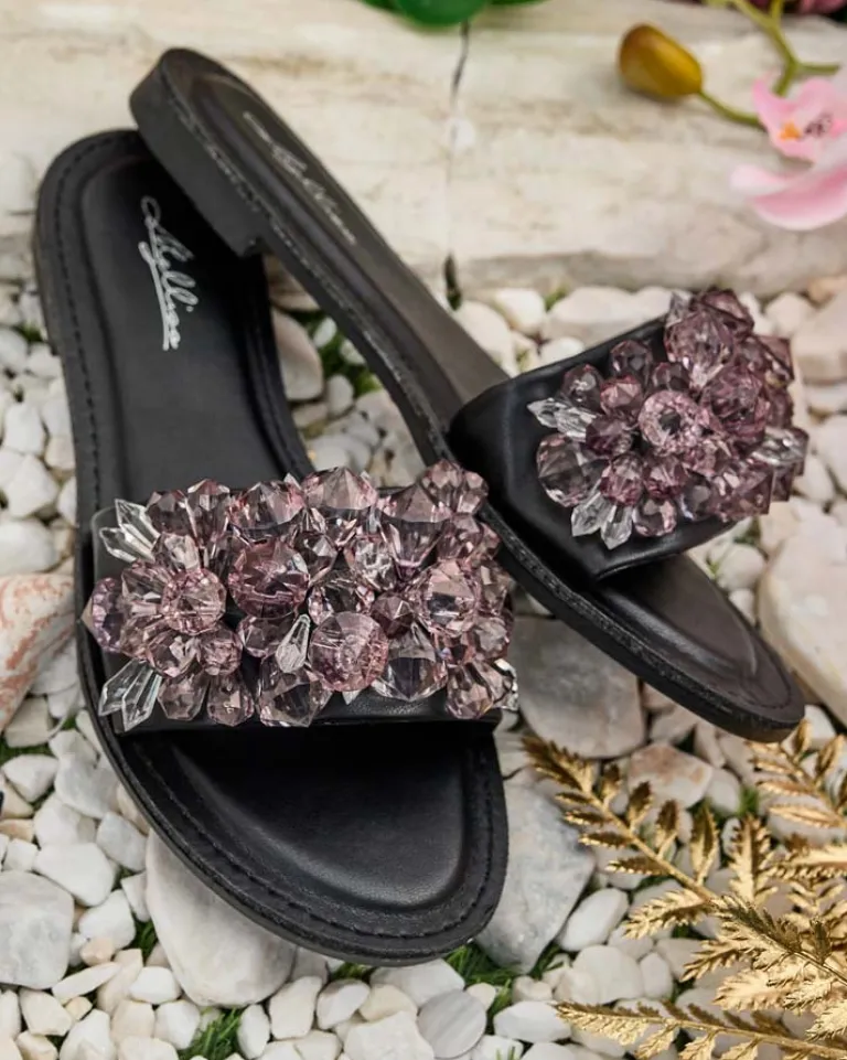 Clearance Damskie klapki z kryształkami Loberra Klapki Płaskie