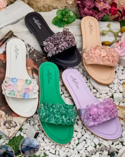 Clearance Damskie klapki z kryształkami Loberra Klapki Płaskie