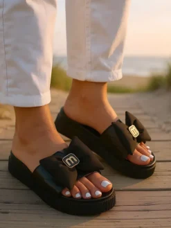 New Damskie klapki na platformie z kokardką Mivo Jump Klapki Płaskie