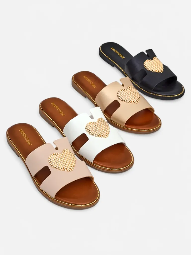 Best Damskie klapki z serduszkiem Gold Heart Klapki Płaskie