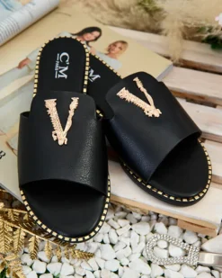 Clearance Damskie klapki z eko skóry Cemenna Klapki Płaskie