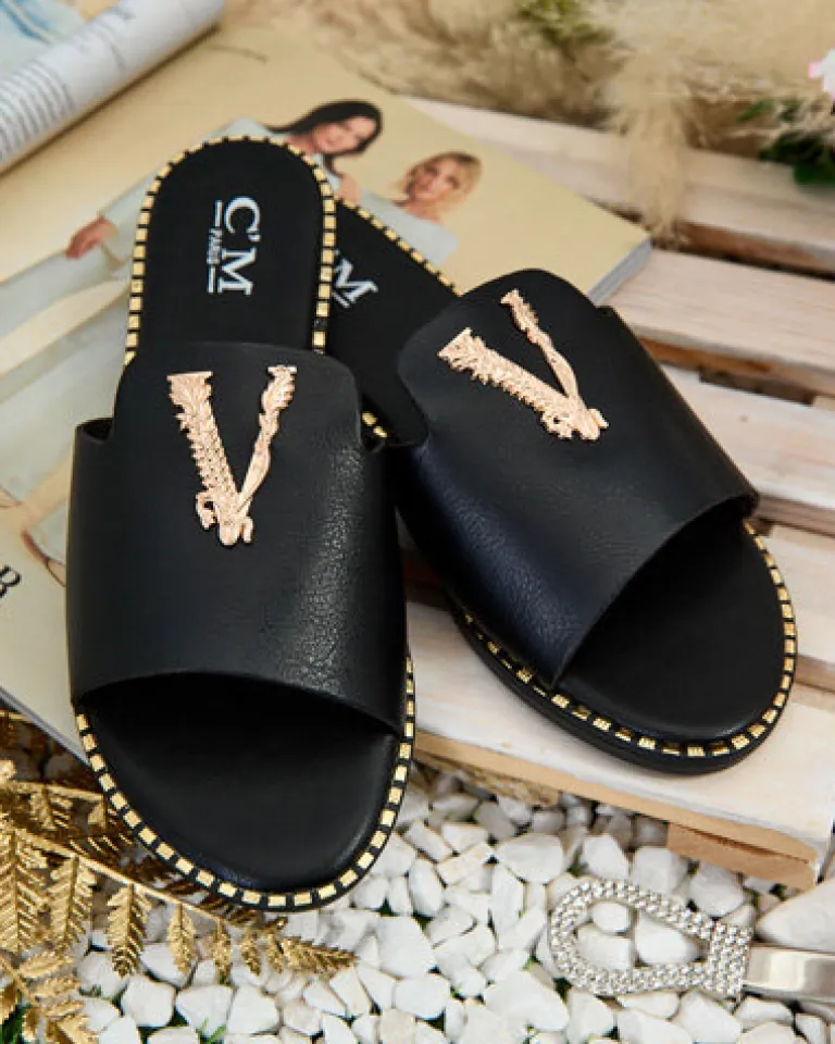 Clearance Damskie klapki z eko skóry Cemenna Klapki Płaskie