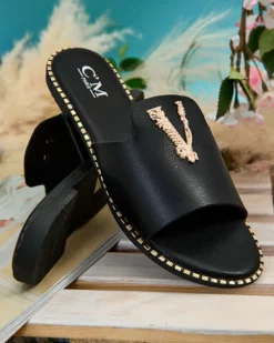 Clearance Damskie klapki z eko skóry Cemenna Klapki Płaskie