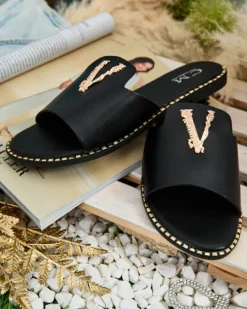 Clearance Damskie klapki z eko skóry Cemenna Klapki Płaskie