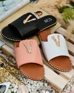 Clearance Damskie klapki z eko skóry Cemenna Klapki Płaskie