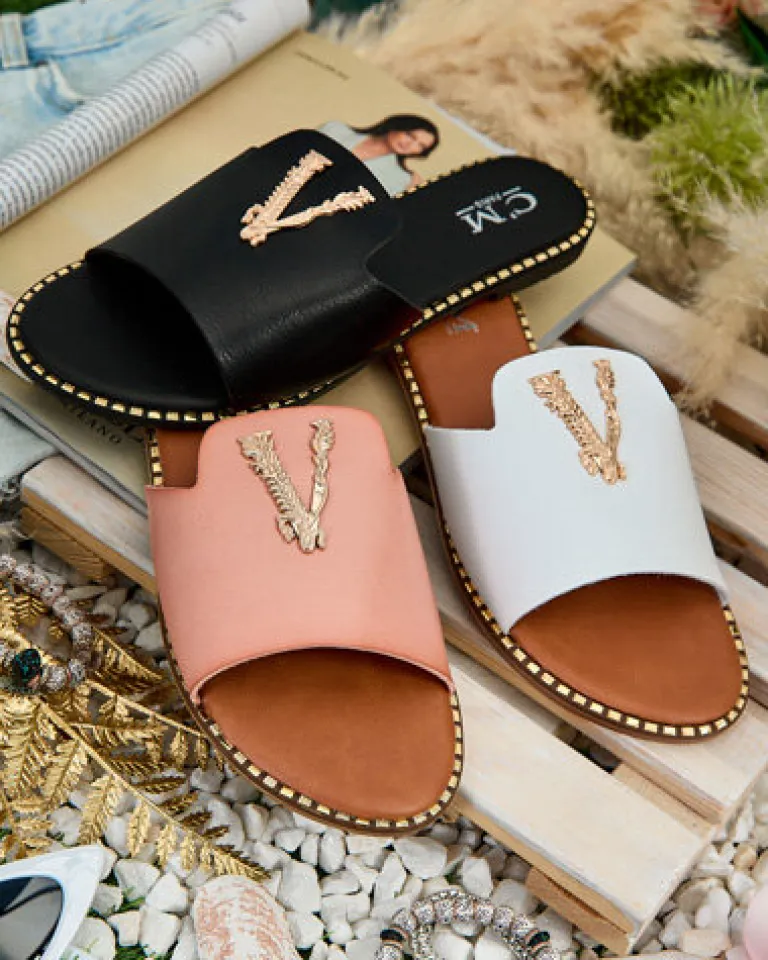 Clearance Damskie klapki z eko skóry Cemenna Klapki Płaskie