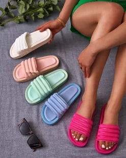 Clearance Damskie klapki w paski w niebieskim kolorze Lenira Klapki Basenowe|Klapki Płaskie