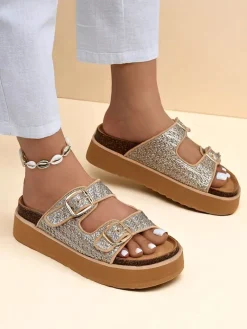 Sale Damskie klapki na platformie Nora Woven Klapki Płaskie