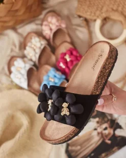 Online Damskie klapki ze złotymi misiami i kwiatkami Isaralle Klapki Płaskie