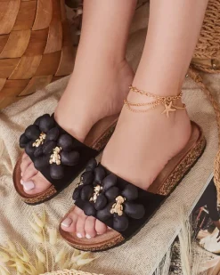 Online Damskie klapki ze złotymi misiami i kwiatkami Isaralle Klapki Płaskie