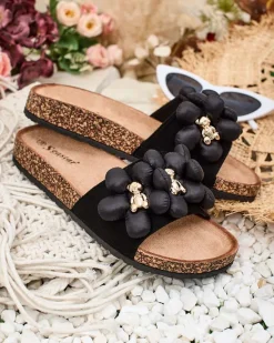 Online Damskie klapki ze złotymi misiami i kwiatkami Isaralle Klapki Płaskie