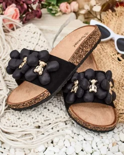 Online Damskie klapki ze złotymi misiami i kwiatkami Isaralle Klapki Płaskie