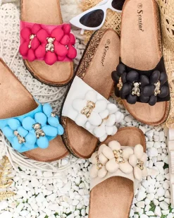 Online Damskie klapki ze złotymi misiami i kwiatkami Isaralle Klapki Płaskie