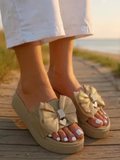 Clearance Damskie klapki na platformie z kokardką Sento Pace Klapki Płaskie