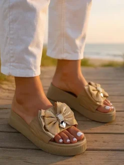 Clearance Damskie klapki na platformie z kokardką Sento Pace Klapki Płaskie