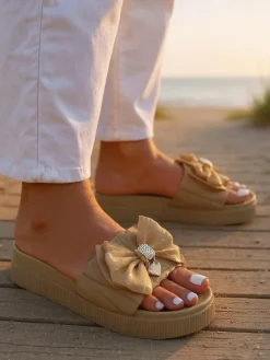 Clearance Damskie klapki na platformie z kokardką Sento Pace Klapki Płaskie