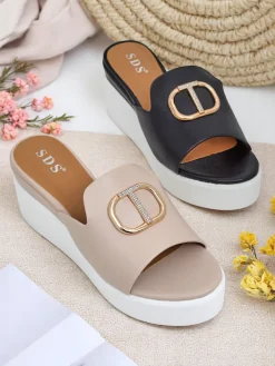 New Damskie klapki na koturnie Daffin Klapki Na Obcasie