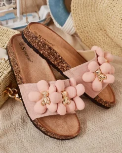 Outlet Damskie klapki ze złotymi misiami i kwiatkami Isaralle Klapki Płaskie