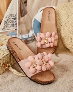 Outlet Damskie klapki ze złotymi misiami i kwiatkami Isaralle Klapki Płaskie