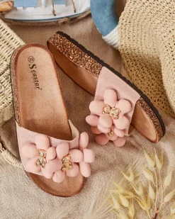 Outlet Damskie klapki ze złotymi misiami i kwiatkami Isaralle Klapki Płaskie