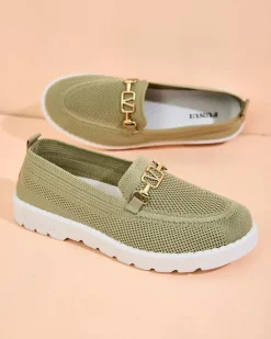 Discount Damskie materiałowe mokasyny ze złotą ozdobą Erticae Espadryle Płaskie|Mokasyny Na Płaskiej Podeszwie