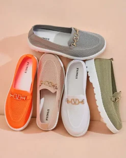 Discount Damskie materiałowe mokasyny ze złotą ozdobą Erticae Espadryle Płaskie|Mokasyny Na Płaskiej Podeszwie