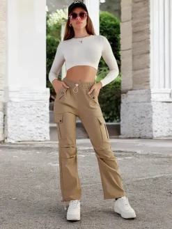 Discount Damskie materiałowe spodnie typu bojówki Spodnie Materiałowe|Spodnie Cargo