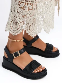 Outlet Damskie sandały na koturnie z plecionym paseczkiem Fiolle Sandały Na Koturnie