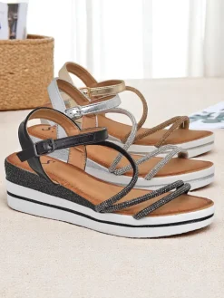 Outlet Damskie sandały na koturnie z cyrkoniami Ballosa Sandały Na Koturnie