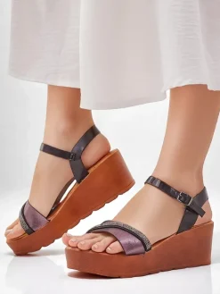 Online Damskie sandały na koturnie z cyrkoniami i brokatem Aurora Glow Sandały Na Koturnie