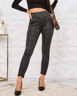 Best Damskie spodnie typu tregginsy z ociepleniem w kratę Legginsy / Tregginsy