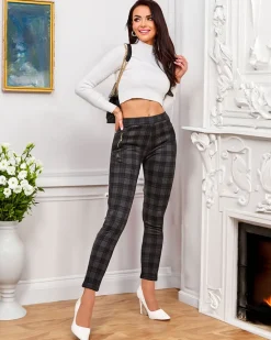 Sale Damskie spodnie typu tregginsy z ociepleniem w kratę Legginsy / Tregginsy