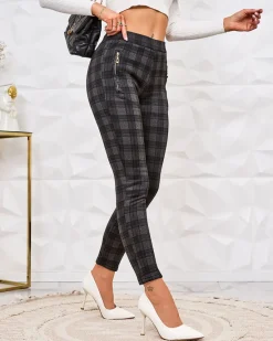 Sale Damskie spodnie typu tregginsy z ociepleniem w kratę Legginsy / Tregginsy