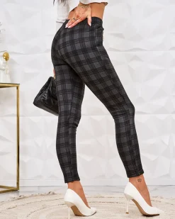 Sale Damskie spodnie typu tregginsy z ociepleniem w kratę Legginsy / Tregginsy