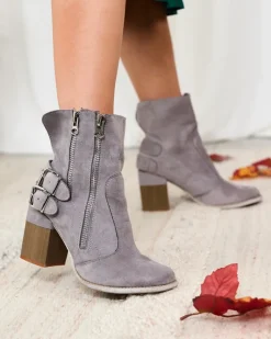 Damskie szare botki ze zdobieniem Feirrgo Botki Bez Ocieplenia|Botki Na Słupku