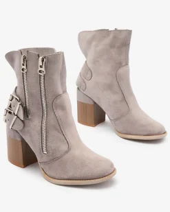 Damskie szare botki ze zdobieniem Feirrgo Botki Bez Ocieplenia|Botki Na Słupku