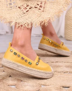 Hot Damskie żółte espadryle z kryształkami Ziennie Półbuty|Espadryle Płaskie