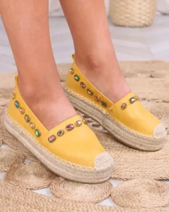 Hot Damskie żółte espadryle z kryształkami Ziennie Półbuty|Espadryle Płaskie