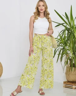 Hot Damskie żółte spodnie typu palazzo z białymi kwiatami Spodnie Materiałowe
