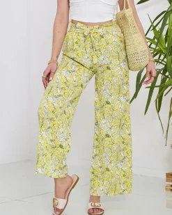 Hot Damskie żółte spodnie typu palazzo z białymi kwiatami Spodnie Materiałowe