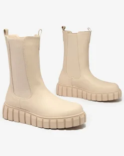 Sale Damskie wysokie botki na płaskim obcasie w kolorze ecru Elicane Botki Bez Ocieplenia|Botki Na Płaskim Obcasie