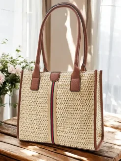 Duża słomiana torebka damska letnia z ozdobnym paskiem Damskie Wiklinowe I Słomiane