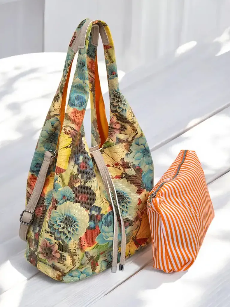 Best Duża torba materiałowa w kwiaty z kosmetyczką i zapięciem na magnes Damskie Materiałowe