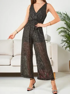 Outlet Długi kombinezon damski z cekinami Kombinezony