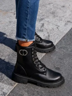 Sale Eko skórzane damskie botki Enoll Workery|Botki Sznurowane