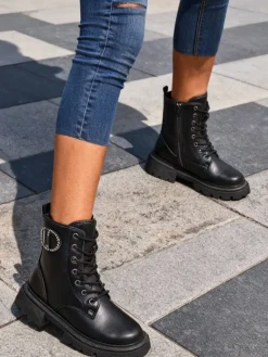 Sale Eko skórzane damskie botki Enoll Workery|Botki Sznurowane