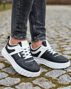 Clearance Eko-skórzane damskie czarne casualowe buty sportowe z białymi wstawkami Netiris Damskie Sneakersy